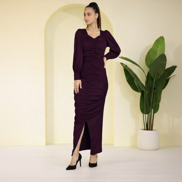 Sultry Sophistication Gathered Front Slit Bodycon Maxi Purple Dress