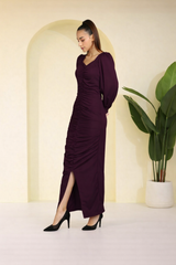 Sultry Sophistication Gathered Front Slit Bodycon Maxi Purple Dress
