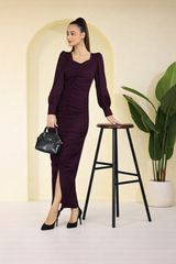Sultry Sophistication Gathered Front Slit Bodycon Maxi Purple Dress