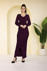 Sultry Sophistication Gathered Front Slit Bodycon Maxi Purple Dress