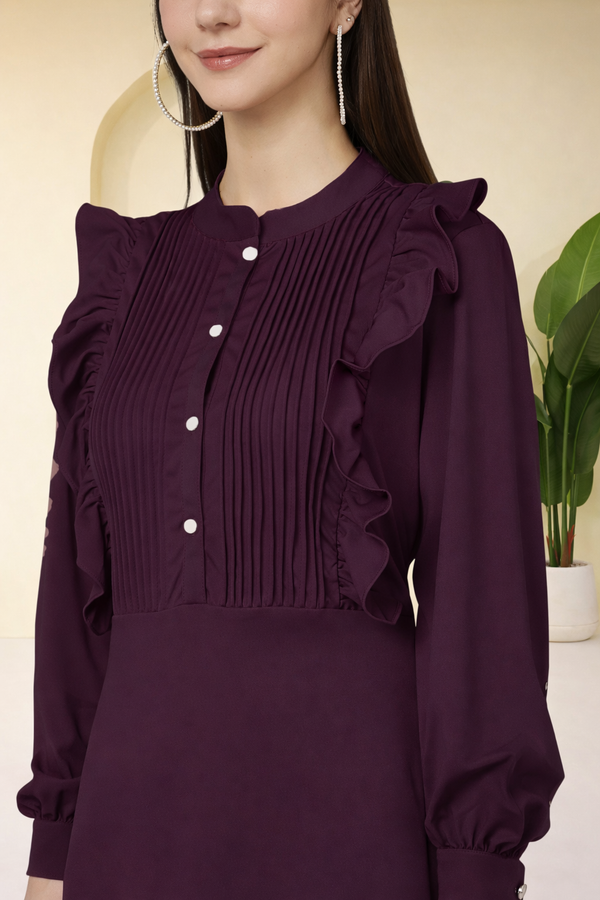 Elegant Pleated Ankle-Length Frilled Spandex Purple Dress