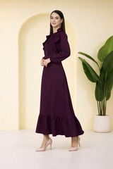 Elegant Pleated Ankle-Length Frilled Spandex Purple Dress
