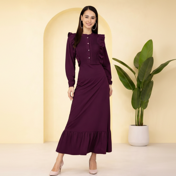 Elegant Pleated Ankle-Length Frilled Spandex Purple Dress