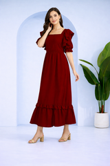 Elegant Frilled Ankle-Length Maroon Spandex Dress