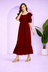 Elegant Frilled Ankle-Length Maroon Spandex Dress