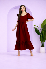 Elegant Frilled Ankle-Length Maroon Spandex Dress