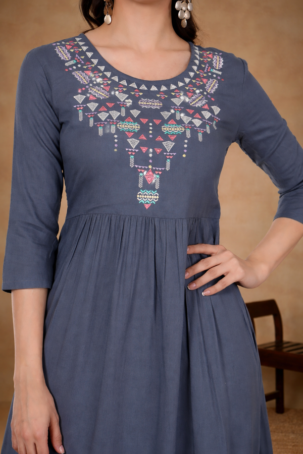 Women's Grey Rayon Embroidered Kurti Pant Set with Georgette Dupatta