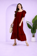 Elegant Frilled Ankle-Length Maroon Spandex Dress