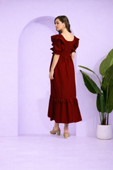 Elegant Frilled Ankle-Length Maroon Spandex Dress