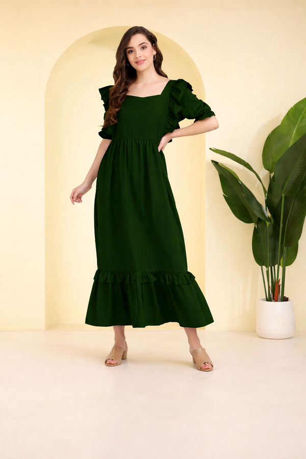 Elegant  Frilled Ankle-Length Maxi Spandex Green Dress