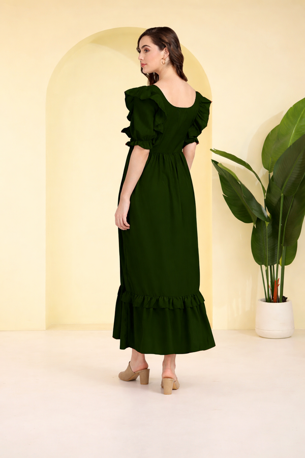 Elegant  Frilled Ankle-Length Maxi Spandex Green Dress