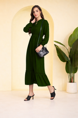 Frilled Allure Ankle-Length Spandex Olive Green Dress