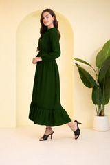 Frilled Allure Ankle-Length Spandex Olive Green Dress
