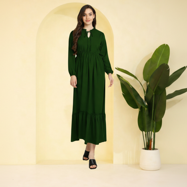 Frilled Allure Ankle-Length Spandex Olive Green Dress