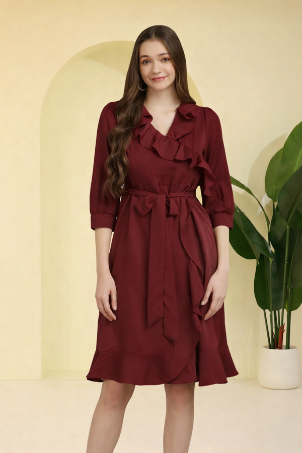 Frilled Ankle-Length Polyester Dress