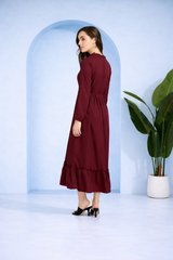 Frilled Allure Ankle-Length Maroon Spandex Dress