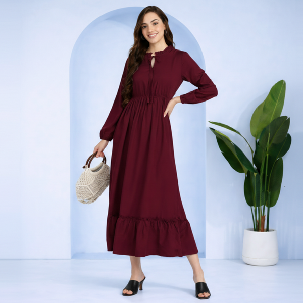 Frilled Allure Ankle-Length Maroon Spandex Dress