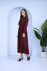 Frilled Allure Ankle-Length Maroon Spandex Dress