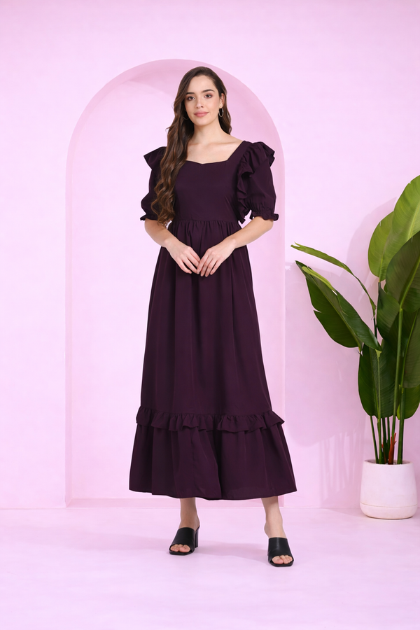 Elegant Frilled Ankle-Length Spandex Purple Maxi Dress