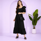 Elegant Waves Frilled Ankle-Length Black Spandex Dress