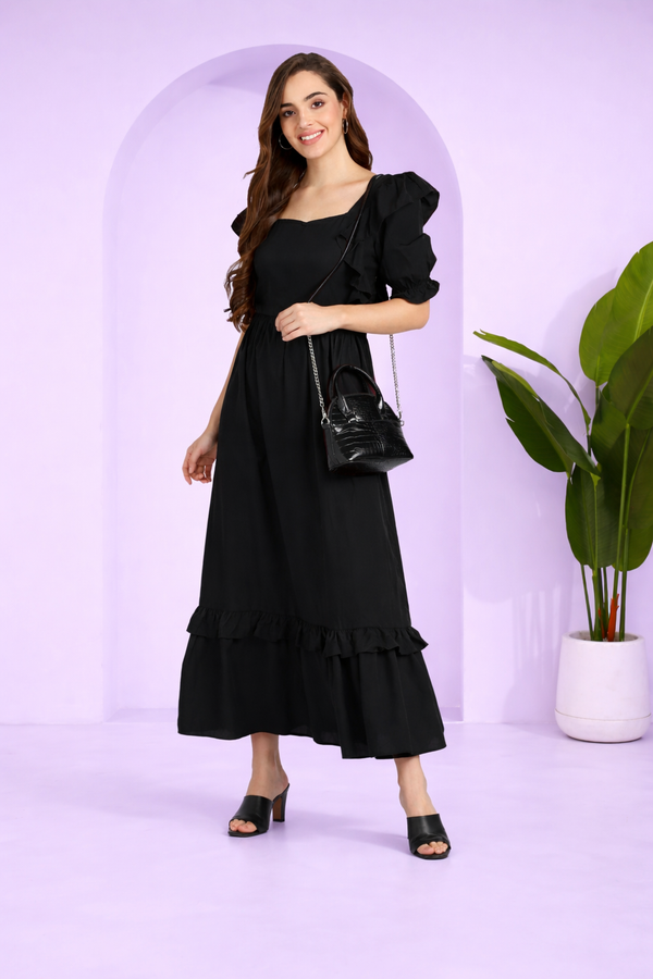 Elegant Waves Frilled Ankle-Length Black Spandex Dress
