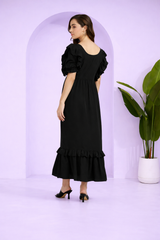 Elegant Waves Frilled Ankle-Length Black Spandex Dress