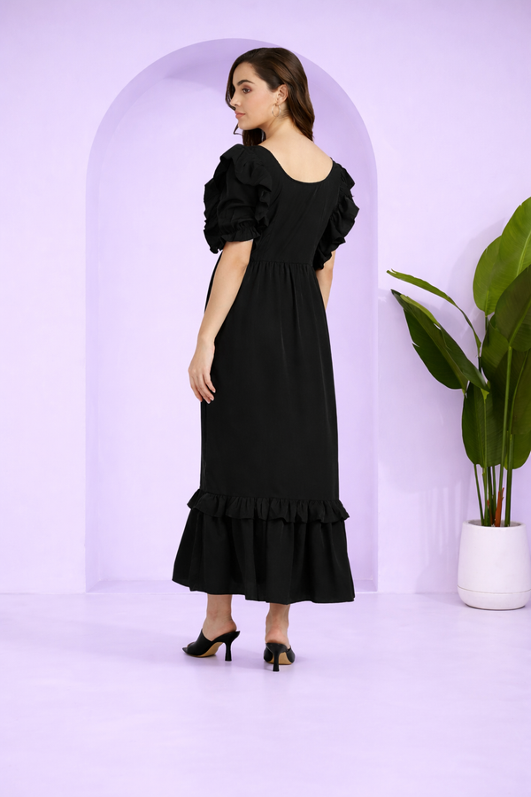 Elegant Waves Frilled Ankle-Length Black Spandex Dress