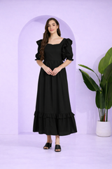 Elegant Waves Frilled Ankle-Length Black Spandex Dress