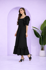 Elegant Waves Frilled Ankle-Length Black Spandex Dress