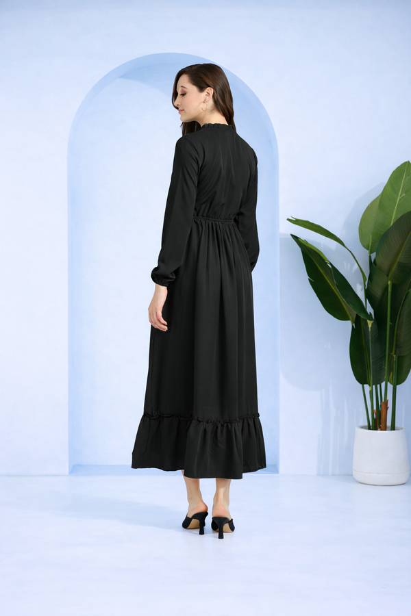 Frilled Allure Ankle-Length Spandex Black Dress