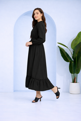 Frilled Allure Ankle-Length Spandex Black Dress