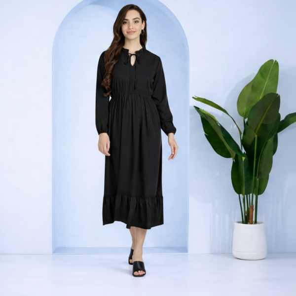 Frilled Allure Ankle-Length Spandex Black Dress